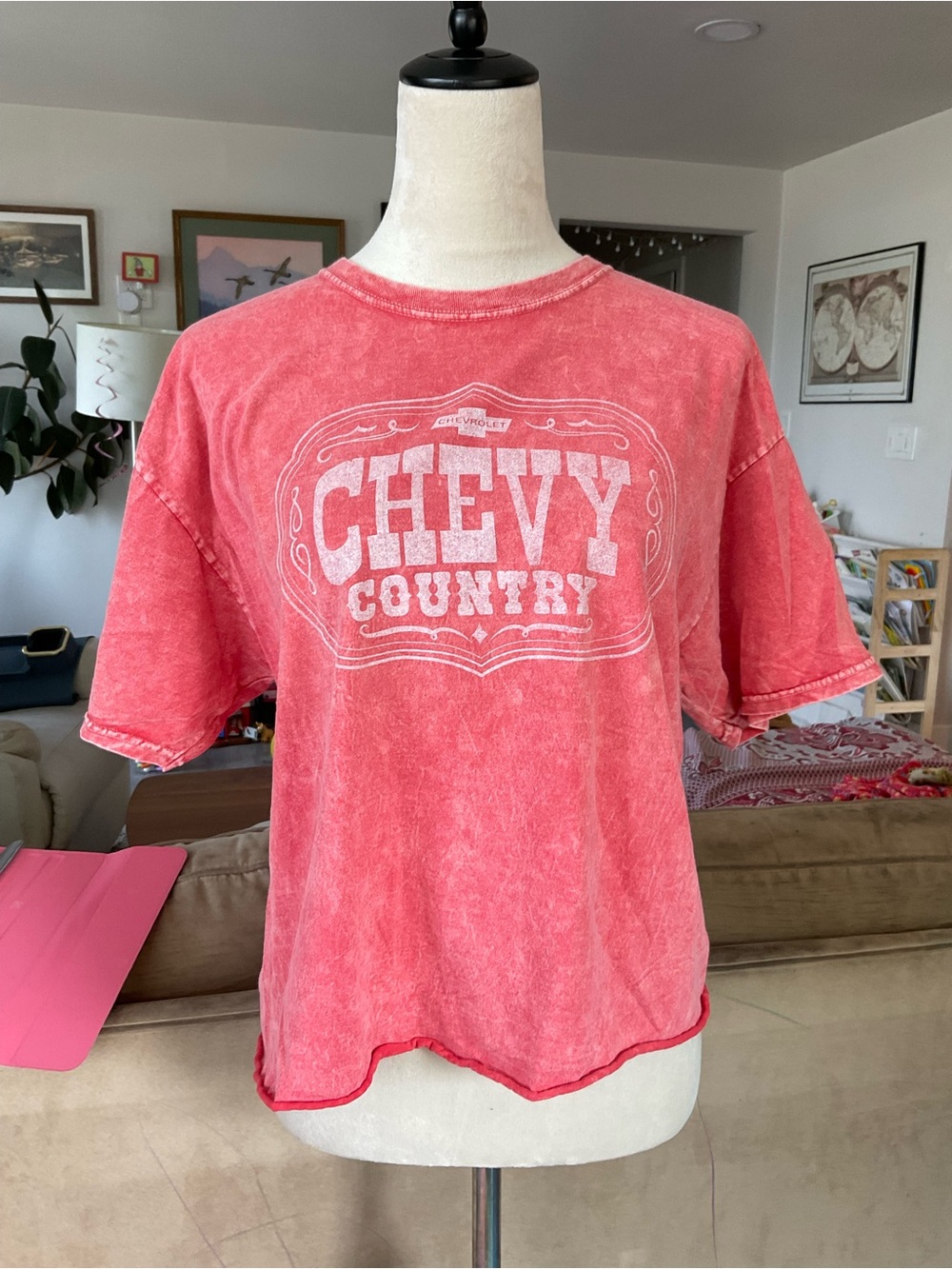 🛻Chevrolet Chevy Country Mineral Wash Cropped Graphic Skimmer Tee Coral Red